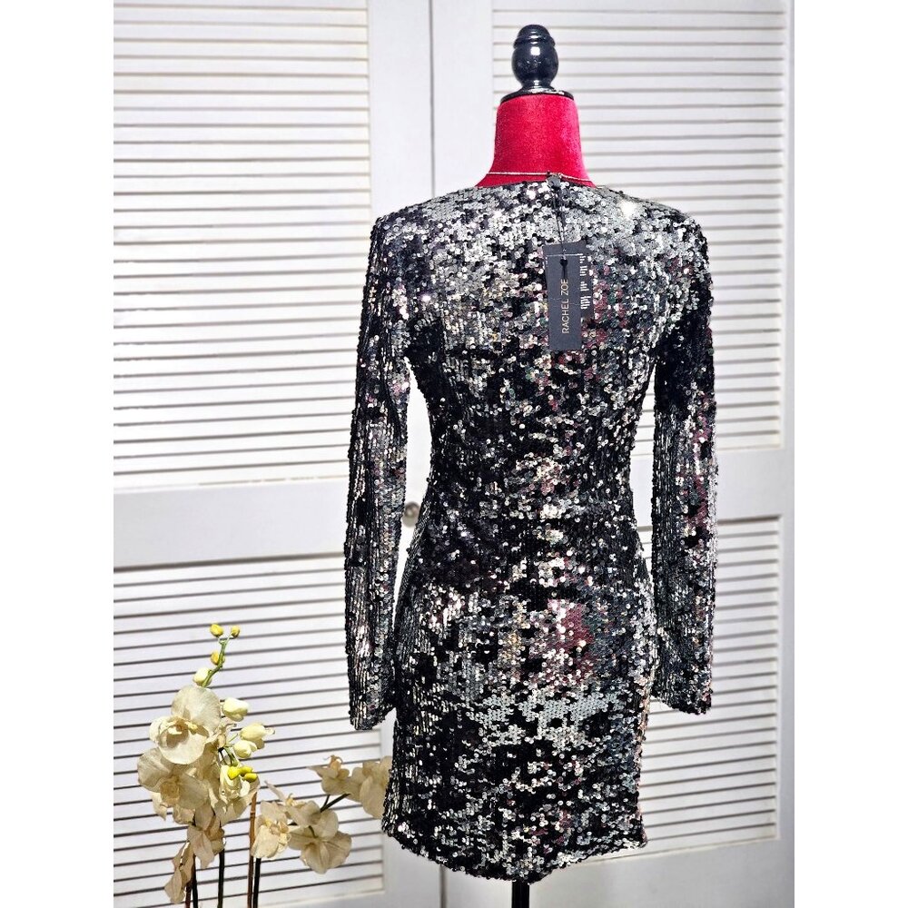 NWT Rachel Zoe Women's Muse Silver/Black Sequin Party Prom Mini Dress Sz 0 2214 - Picture 7 of 14